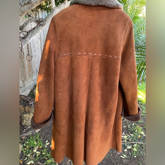 Shearling Lined Suede Leather Stroller Coat From Italy Western Whipstitching - Picture 3 of 7